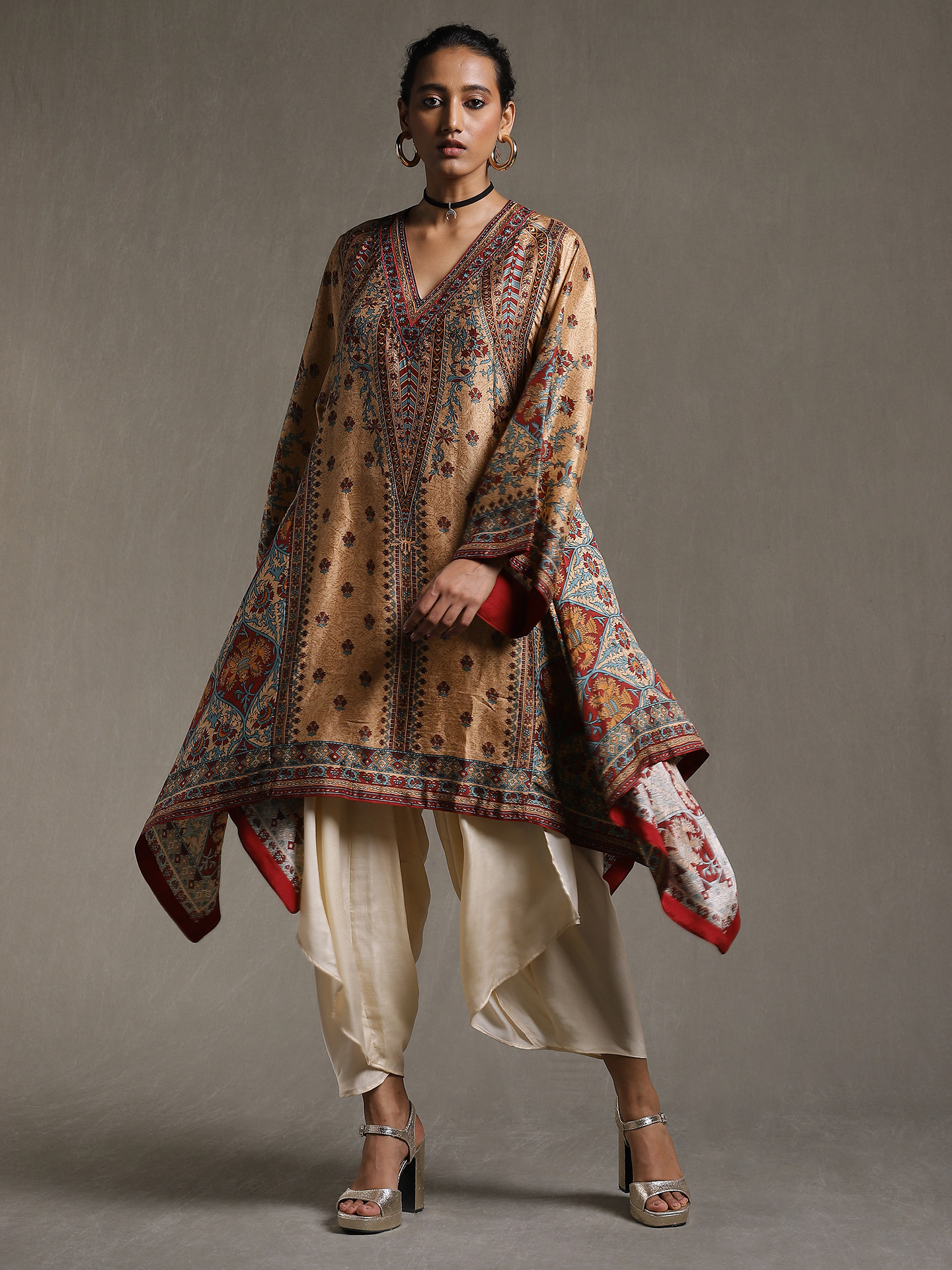 Beige floral printed asymmetrical kurti by Ritu Kumar