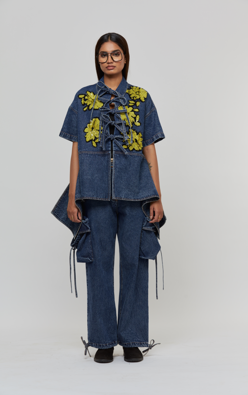 Blue floral patchwork denim jacket by Dhruv Kapoor