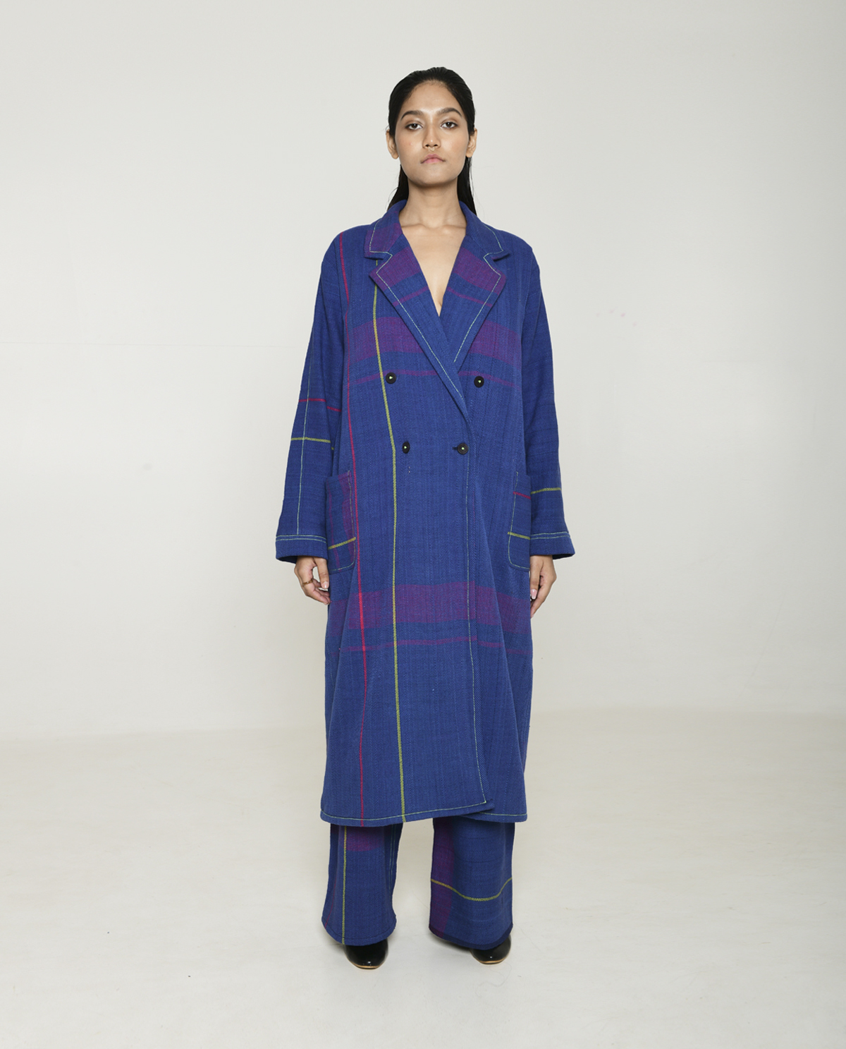 Blue handwoven trench coat by Rias jaipur