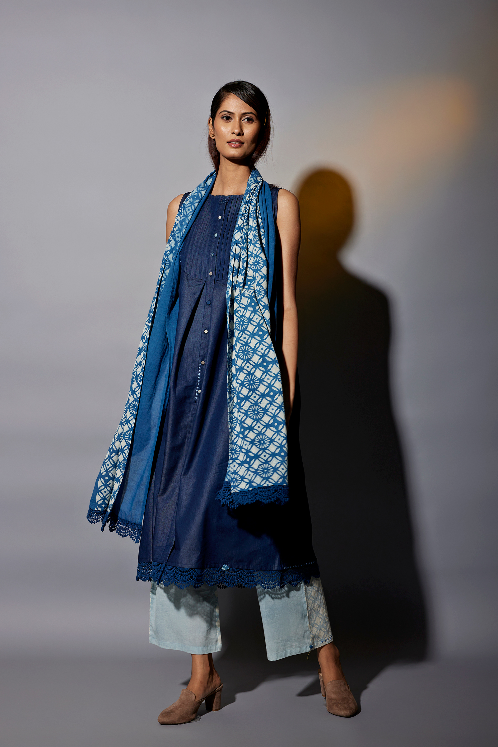 Blue pleated denim set by Jayati Goenka