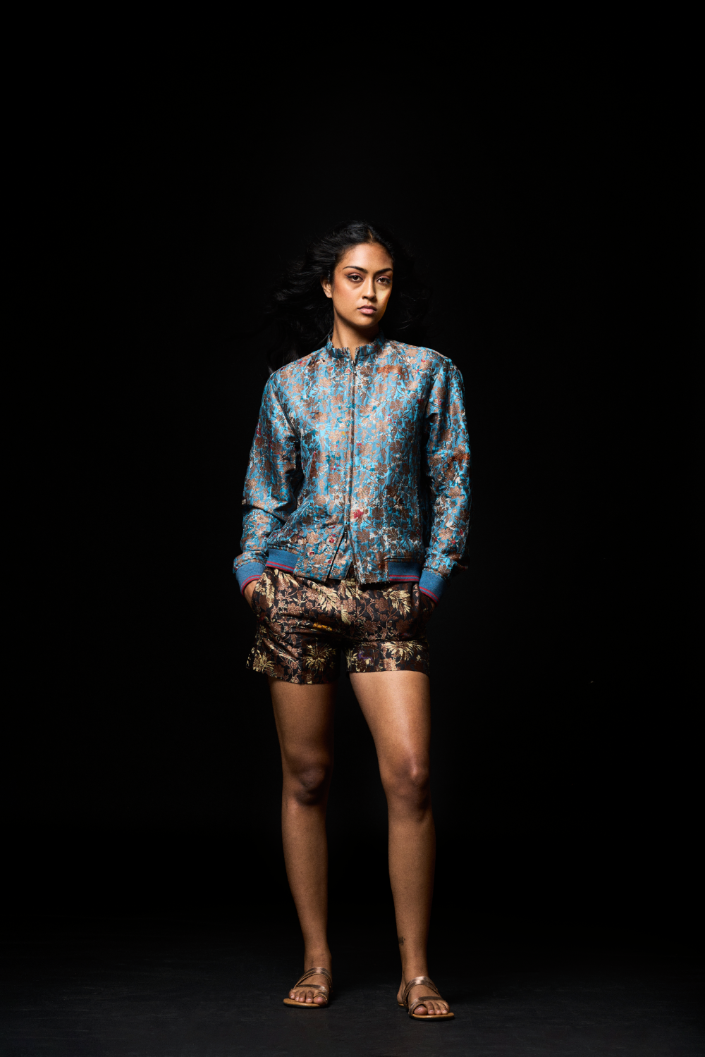 Blue printed bomber jacket by Suketdhir