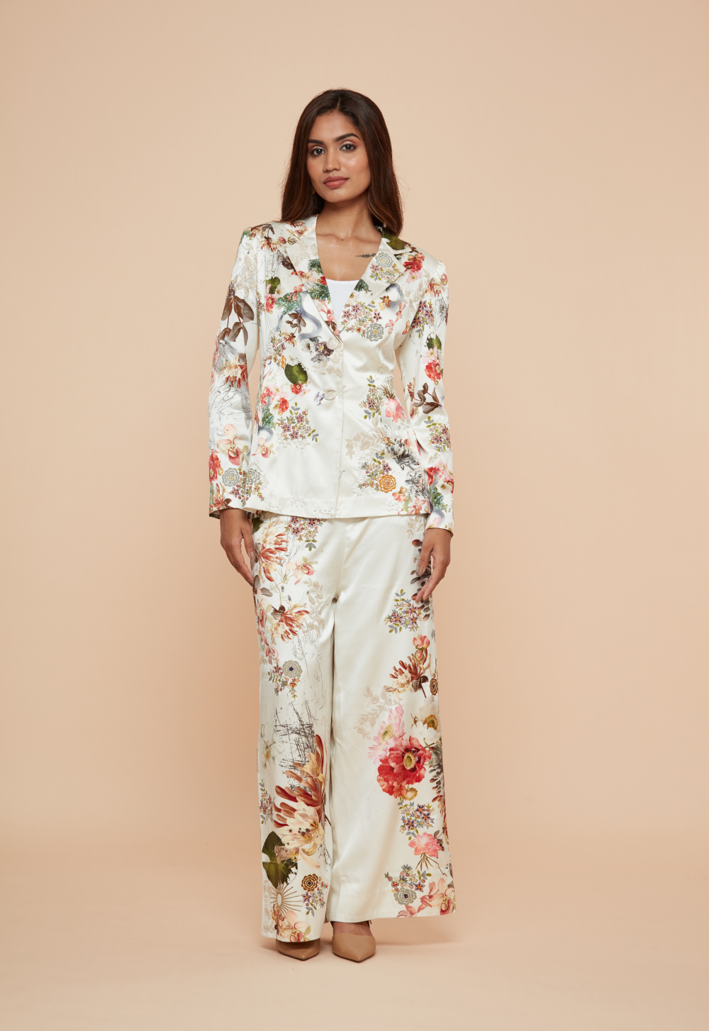 Ivory floral printed blazer set by Anamika Khanna