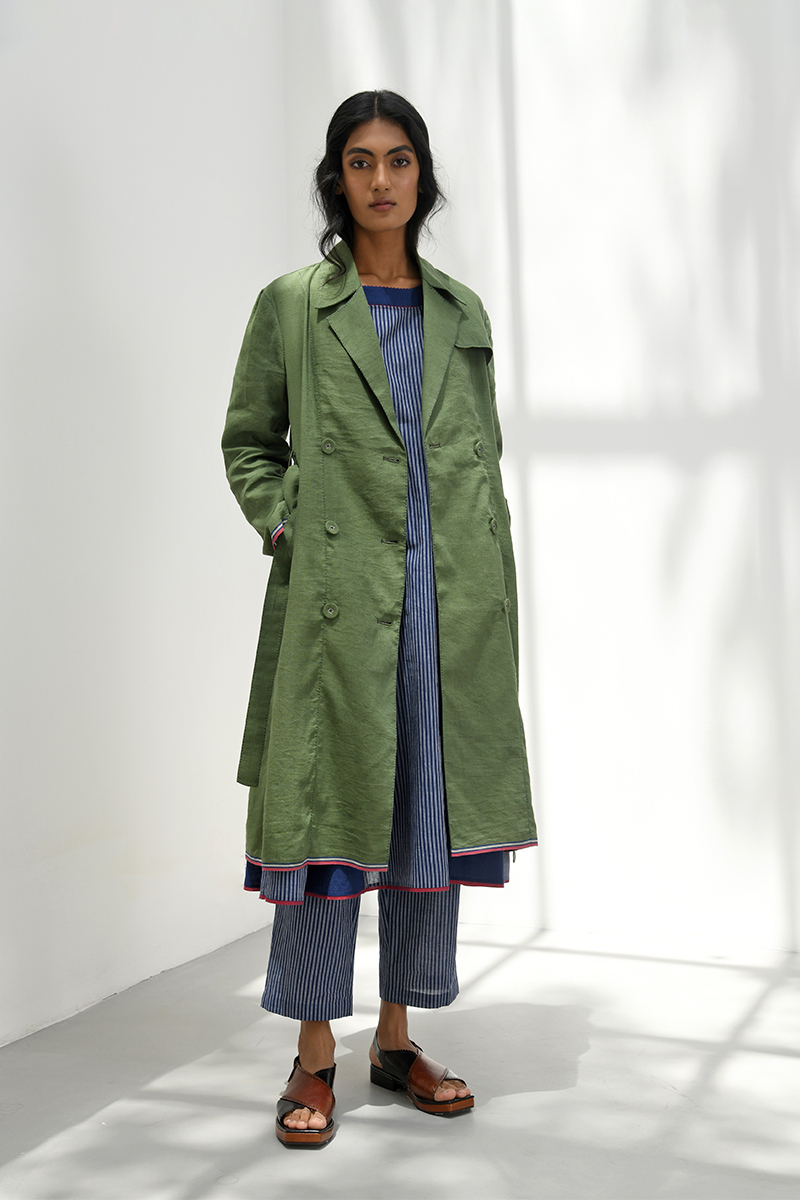 Olive green stitch detail trench coat by Payal Pratap