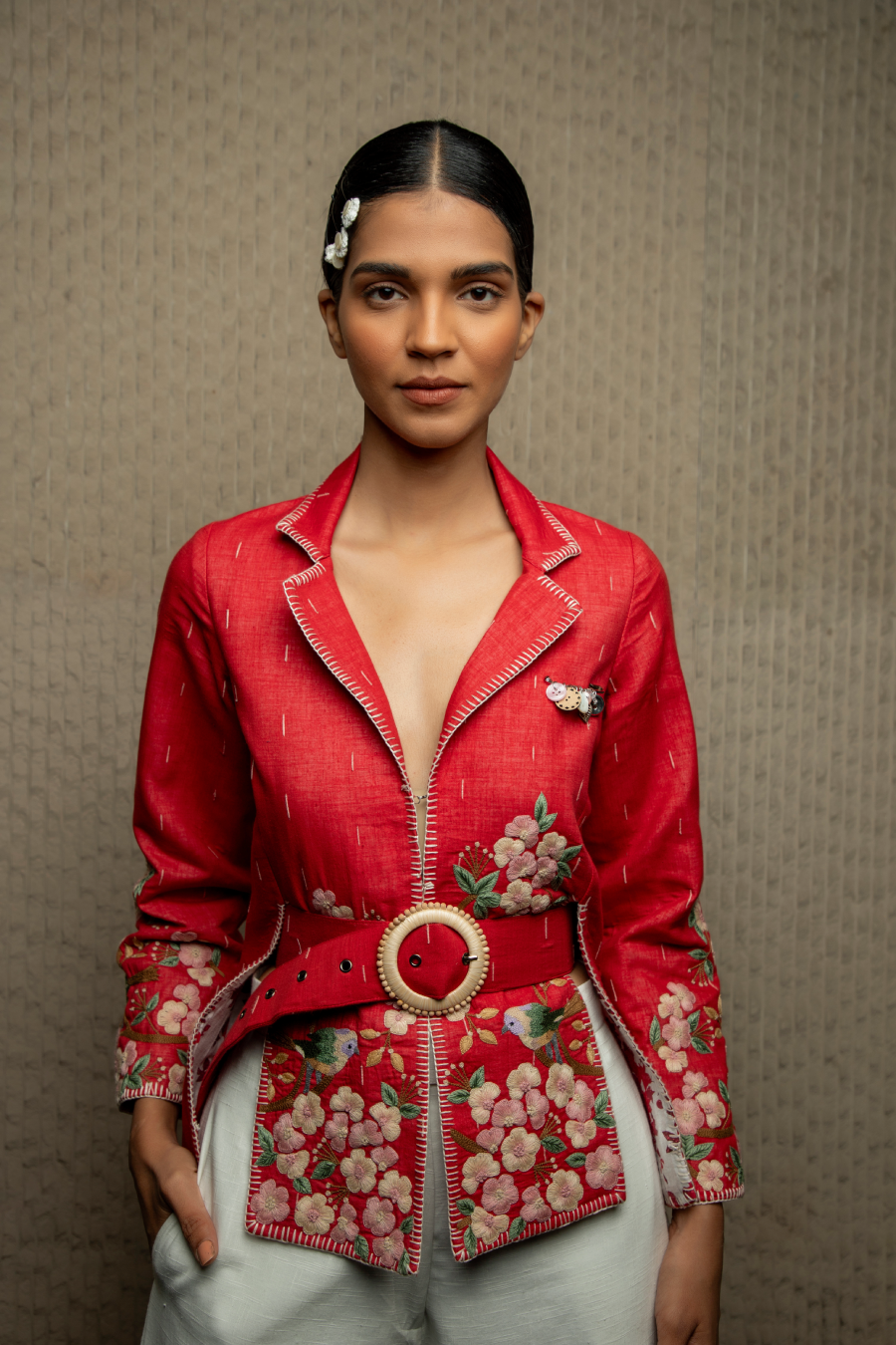 Red floral and bird embroidered shacket by Shruti Sancheti