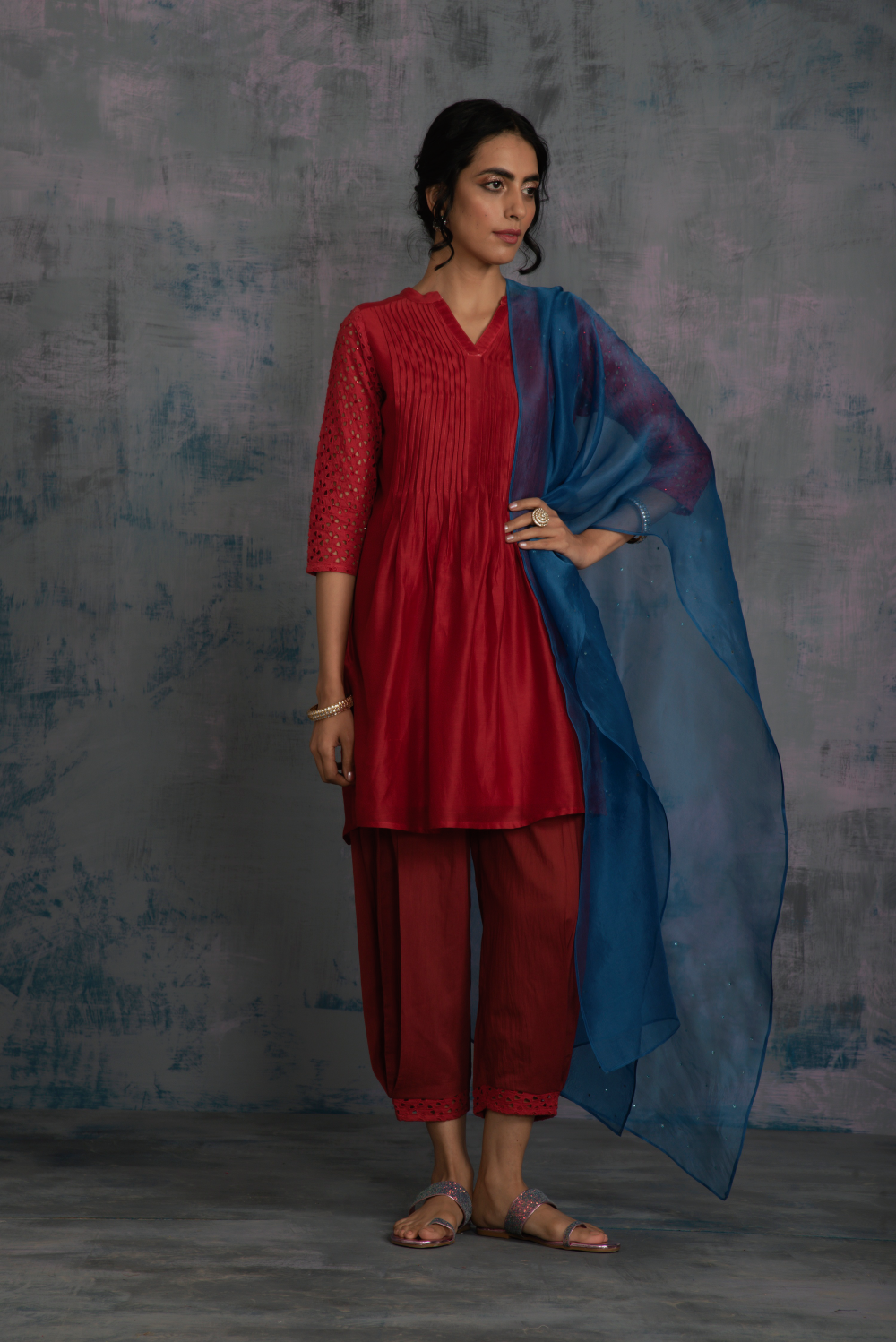 Scarlet red chanderi kurti set by Charkhee