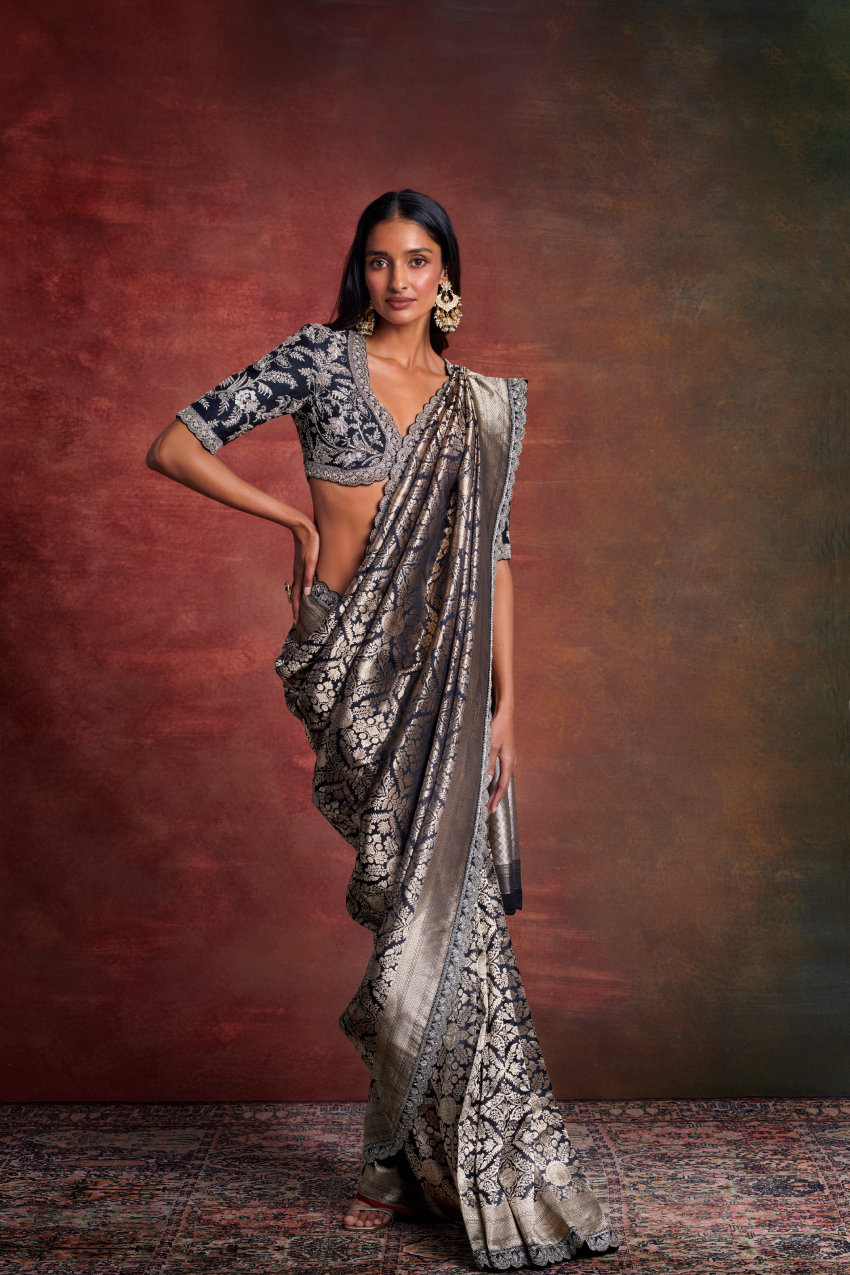 Black banarasi saree set by Jayanti Reddy