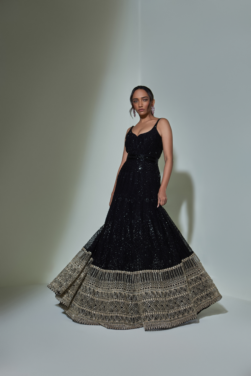 Black chrome embroidered anarkali set by Ritika Mirchandani