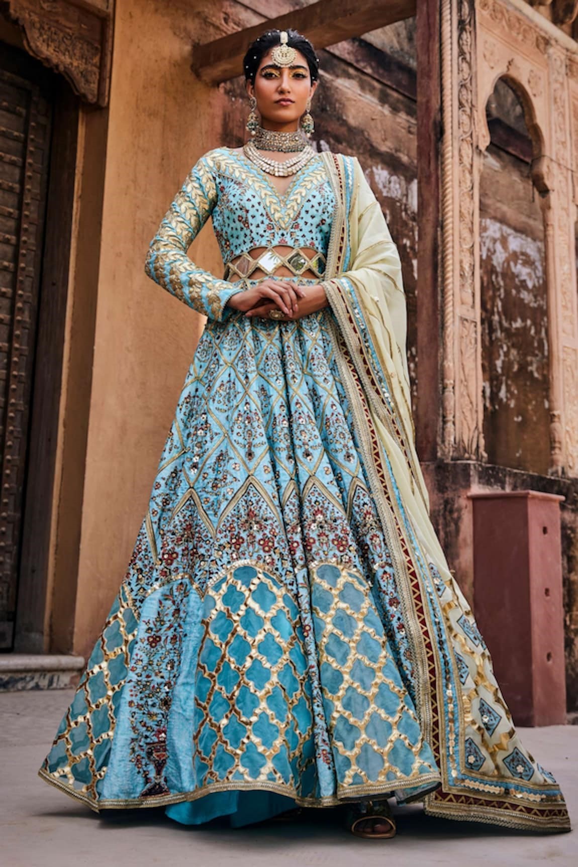 Blue Temple Caring Print Anarkali Set by The Royaleum Atelier