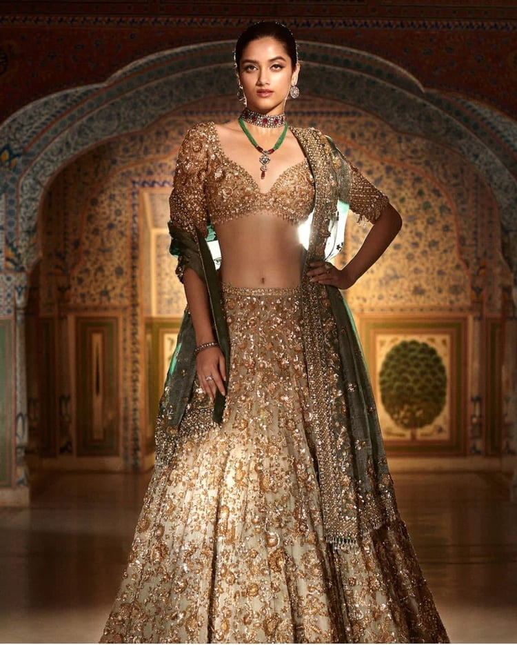 Champagne Zardosi floral embroidered lehenga set by Seema Gujral