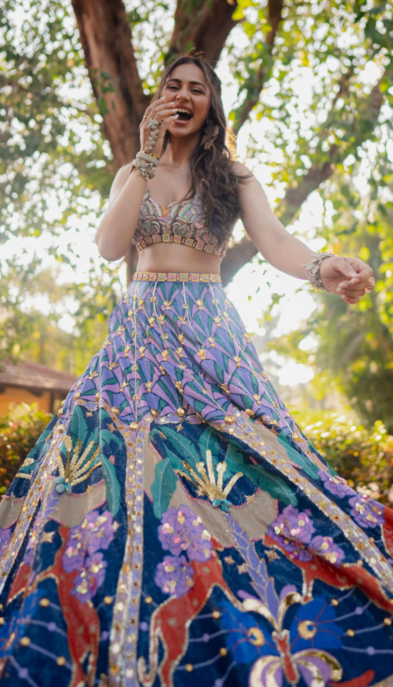 Dark Blue and Lilac Forest Printed Lehenga Set by Papa Don’t Preach