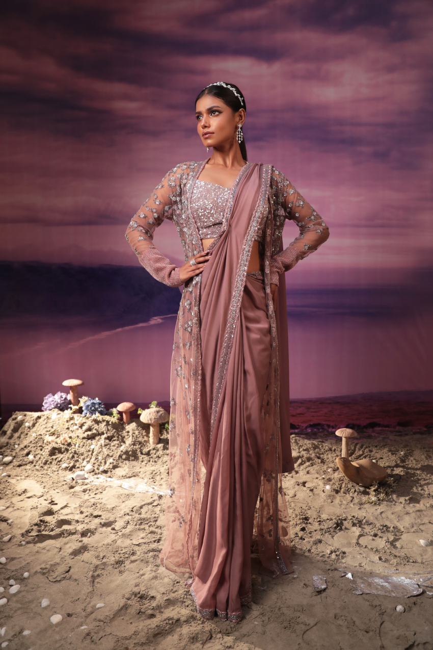 Dusky purple embroidered jacket and sari set by Couture by Niharika