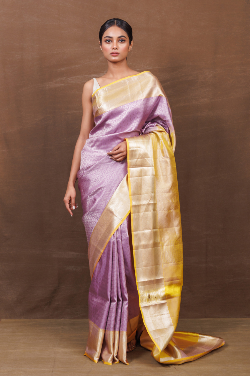 Lavender handwoven kanjeevaram muga silk sari by Pinki Sinha