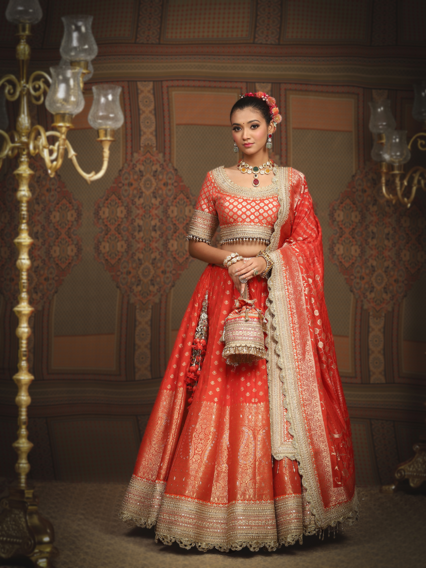 Orange Banarasi Lehenga Set by Shikhar Sharma