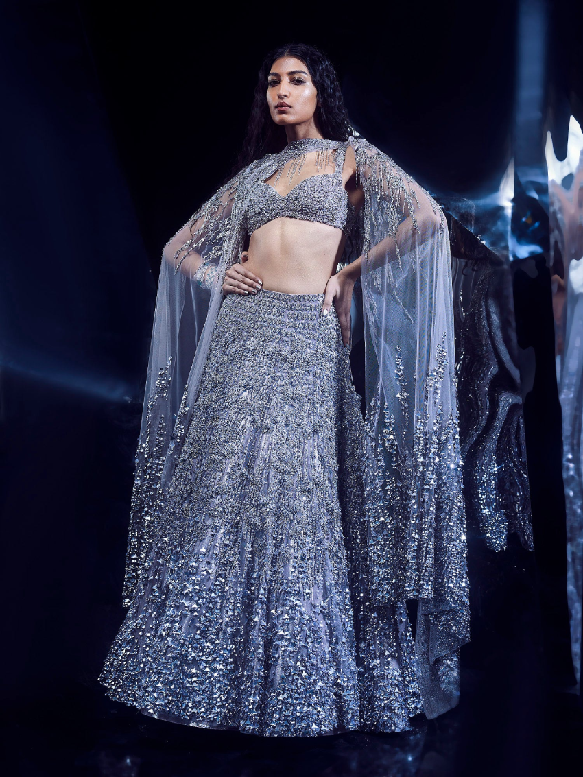 Rose Steel Swarovski Embroidered Lehenga Set by Rohit Gandhi + Rahul Khanna